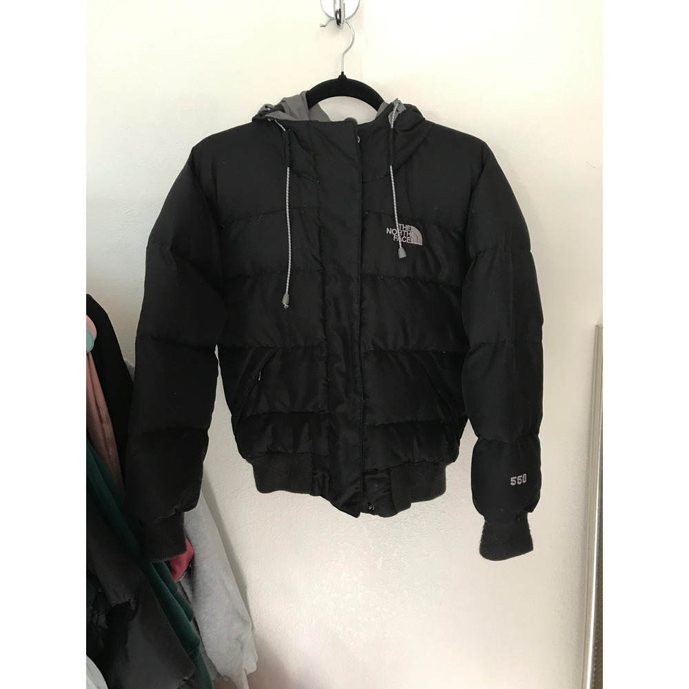 The North Face 550 Down Puffer Jacket Black Hooded Bomber Flawed